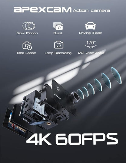 Apexcam 4K 60FPS Action Camera EIS Stabilization 20MP Sports Cam 40M Waterproof Underwater Camera 8X Zoom Support External Mic with Remote Control 2 x 1350mAh Rechargeable Batteries…