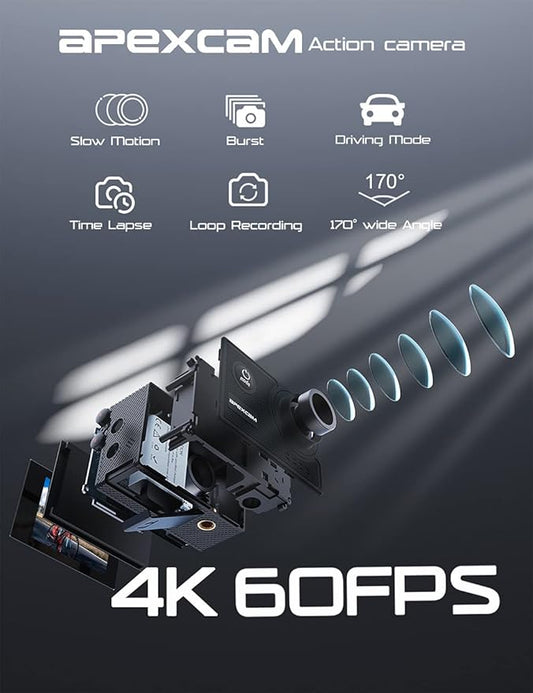 Apexcam 4K 60FPS Action Camera EIS Stabilization 20MP Sports Cam 40M Waterproof Underwater Camera 8X Zoom Support External Mic with Remote Control 2 x 1350mAh Rechargeable Batteries…