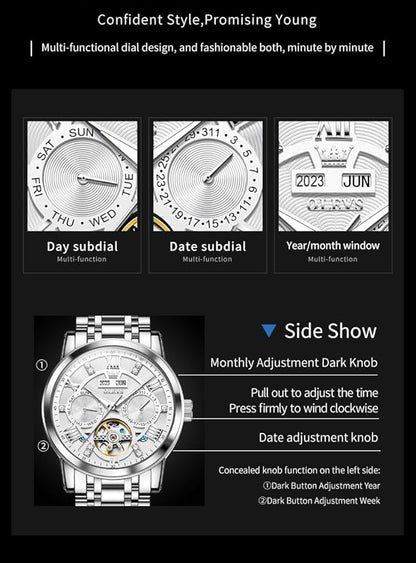OLEVS Mens Automatic Watches Gold Luxury Diamond Dress Self Winding Mechanical Skeleton Tourbillon Stainless Steel Wrist Watch