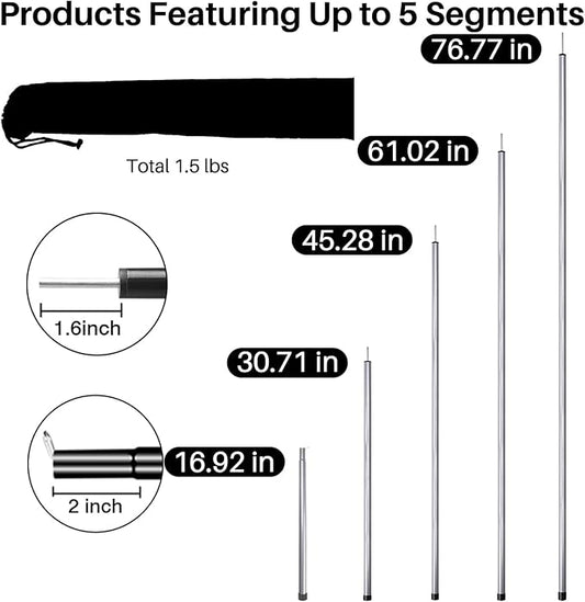 Neween Tent Poles for Tarp Adjustable Camping Tarp Poles Set of 2, 76in Lightweight Collapsible Tent Pole with a Diameter of 0.6in for Backpacking Hiking Awning Canopy Rain Fly Shelter (Grey)