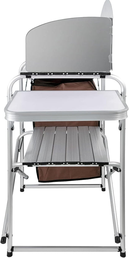 VEVOR Camping Kitchen Table, Aluminum Portable Folding Camp Cook Station with Windscreen, Cupboard, Storage Organizer, Carrying Bag, Quick Installation for Outdoor Picnic Beach BBQ RV Traveling, Brown