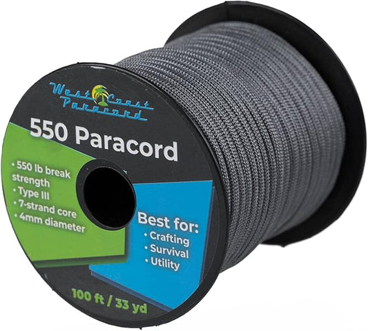 West Coast Paracord 100, 50 Feet 550 Lb. Paracord Parachute Rope Great for Outdoors Camping, Storage Kayak Utility Spool Many Colors