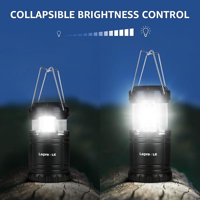 Lepro LED Camping Lantern, Super Bright, Battery Powered, IPX4 Water Resistant, Portable Emergency Lights for Hurricane, Storms, Outages, Collapsible, 2 Packs