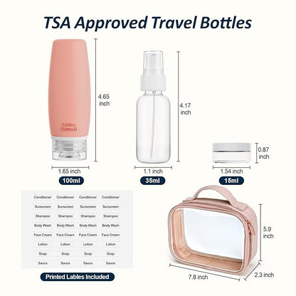 PACKISM TSA Approved Toiletry Bag with Bottles - Travel Essentials 8 Pack Leakproof 3.4oz Silicone Travel Bottles for Toiletries, Shampoo Conditioner Lotion Body Wash BPA Free, Pink