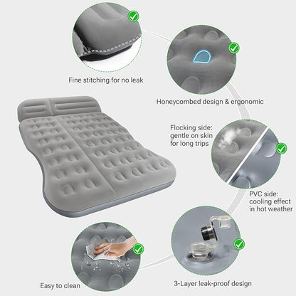 SUV Air Mattress， Thickened Flocked Camping Bed for Car Trunk & Back Seat ， Includes Electric Pump & 2 Foot Pedals ， Portable Inflatable car Mattress (Gray)