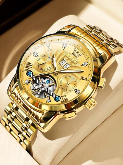 OLEVS Mens Automatic Watches Gold Luxury Diamond Dress Self Winding Mechanical Skeleton Tourbillon Stainless Steel Wrist Watch
