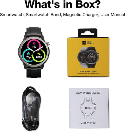 AGM Legion Rugged Smart Watch for Men, 1.43" HD AMOLED Touchscreen, Bluetooth Calling, 5 ATM & IP68, Sports Modes, Barometer & Altimeter, DIY Dials, 24/7 Heart Rate/SpO2/Sleep Monitor for iOS Android