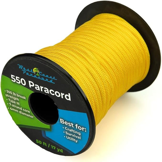West Coast Paracord 100, 50 Feet 550 Lb. Paracord Parachute Rope Great for Outdoors Camping, Storage Kayak Utility Spool Many Colors