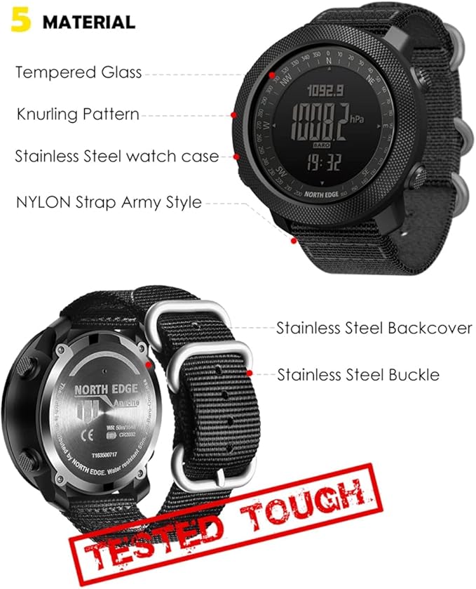 North Edge Apache Tactical Sports Watches for Men , Outdoor Survival Military Compass Rock Solid Digital Watches with Durable Band, Steps Tracker Pedometer Calories (Green)…