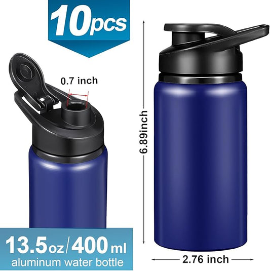 10 Pieces 13.5oz Reusable Aluminum Water Bottles Bulk Multicolor Outdoor Sports Water Bottles for Travel, Gym, Hiking, Cycling, Camping, Fishing, Snap Lid (Blue)