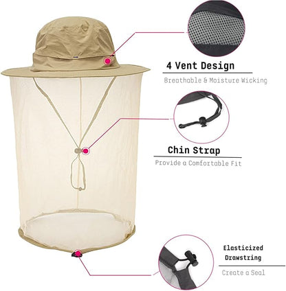 Flammi Mosquito Net Hat Safari Hat UPF 50+ Sun Protection Boonie Hats for Men with Neck Flap Fishing Hiking Hat for Men/Women
