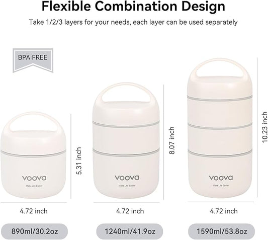 Voova Stackable Stainless Steel Thermal Lunch Box with Lunch Bag and Cultery Set for Adult Women Men, 3 Tier Leakproof All-in-One Insulated Bento Boxes Food Container for Work, Beige