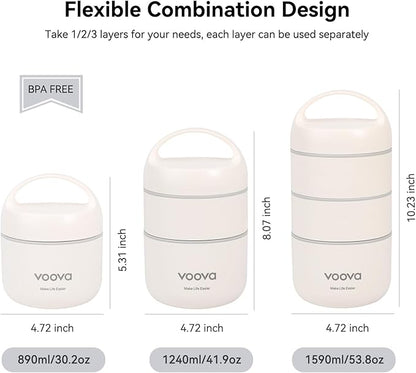 Voova Stackable Stainless Steel Thermal Lunch Box with Lunch Bag and Cultery Set for Adult Women Men, 3 Tier Leakproof All-in-One Insulated Bento Boxes Food Container for Work, Black
