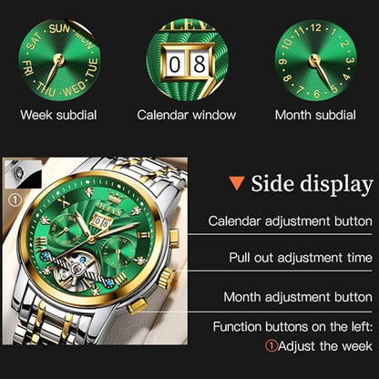 OLEVS Mens Automatic Watches Gold Luxury Diamond Dress Self Winding Mechanical Skeleton Tourbillon Stainless Steel Wrist Watch