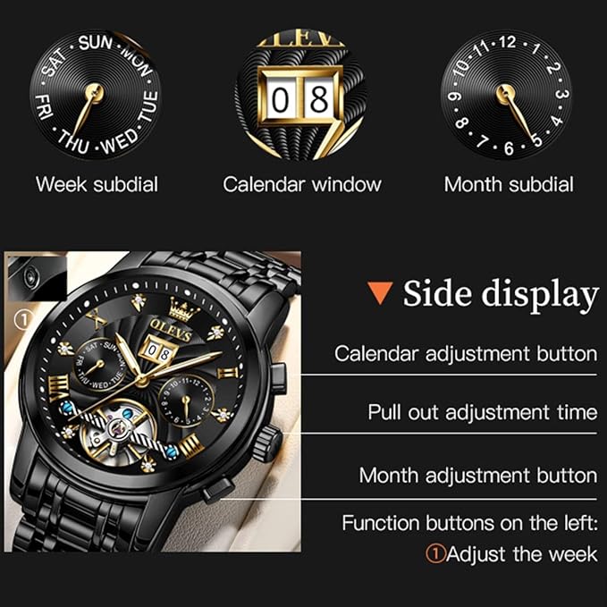 OLEVS Mens Automatic Watches Gold Luxury Diamond Dress Self Winding Mechanical Skeleton Tourbillon Stainless Steel Wrist Watch