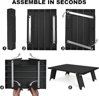 Black Small Folding Beach Table, Mini Ultralight Camping Table Aluminum, Backpacking Short Table