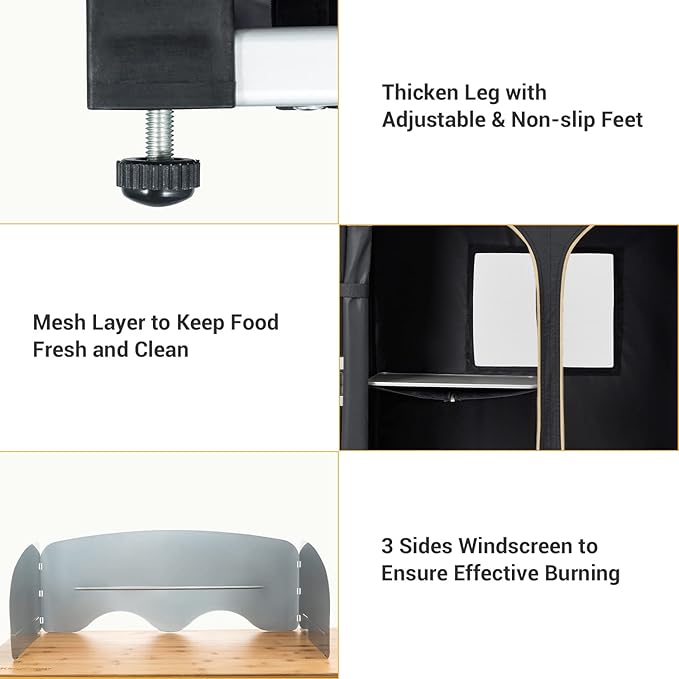 KingCamp Bamboo Camp Kitchen Station, Folding Overland Camping Kitchen Table Hooks Portable Outdoor Cooking with Adjustable Lantern Pole & Windshield Storage Organizer for Tailgating BBQ Picnic RV