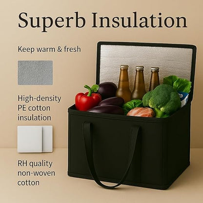 musbus 2-Pack, XL-Large Insulated Grocery shopping bags, Black, reusable bag,thermal zipper,Collapsible,tote,cooler,food transport hot and cold,camping, delivery groceries freezer
