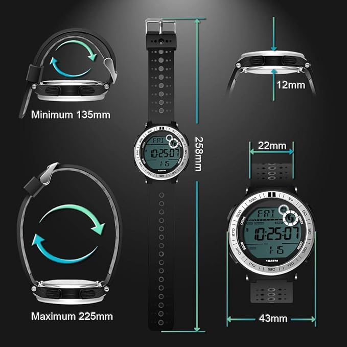10 ATM Waterproof Sports Watch Pedometer for Men Boys Scuba Diving Watch with Lap Stopwatch and Alarm Clock Function, 12/24 Hour Format Selectable