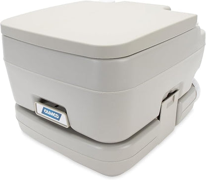 Camco 2.6-Gallon Portable Toilet - Features Detachable Holding Tank w/Sealing Slide Valve & Bellow-Type Flush - Easy Transport w/Compact Lightweight Design & Carry Handle - Gray (41531)
