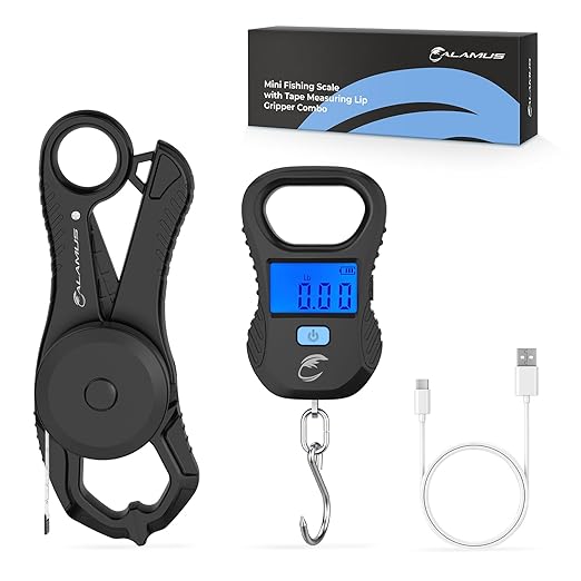 Calamus Lightweight Fish Scale & Lip Grip Combo, Rechargeable Digital Scale with USB Cable, 55lb Capacity, Lip Gripper with Soft Retractable and Detachable Measuring Tape, Fishing Gifts for Men