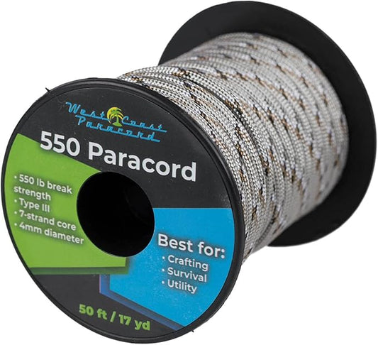West Coast Paracord 100, 50 Feet 550 Lb. Paracord Parachute Rope Great for Outdoors Camping, Storage Kayak Utility Spool Many Colors