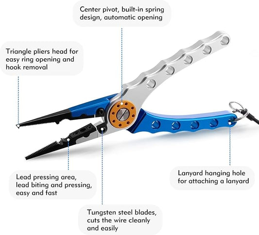 Multifunction Fishing Pliers, Corrosion Resistant Fishing Pliers Saltwater, Aluminum Split Ring, Hook Remover with Sheath and Coiled Lanyard