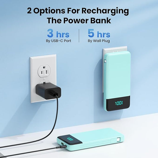 Portable Charger for iPhone with Built in Cables and Wall Plug,Upgraded 13800mAh Fast Charging USB C Power Bank,4 Outputs Travel Essential Battery Pack Compatible with iPhone 15/14/13/12,Samsung-Green