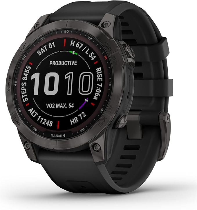 Garmin 010-02540-34 Fenix 7 Sapphire Solar, Adventure smartwatch, Solar Charging Capabilities, Rugged Outdoor GPS Watch, Touchscreen, Health and Wellness Features, Black DLC Titanium with Black Band