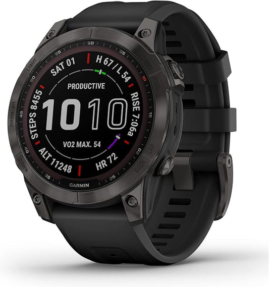 Garmin 010-02540-34 Fenix 7 Sapphire Solar, Adventure smartwatch, Solar Charging Capabilities, Rugged Outdoor GPS Watch, Touchscreen, Health and Wellness Features, Black DLC Titanium with Black Band