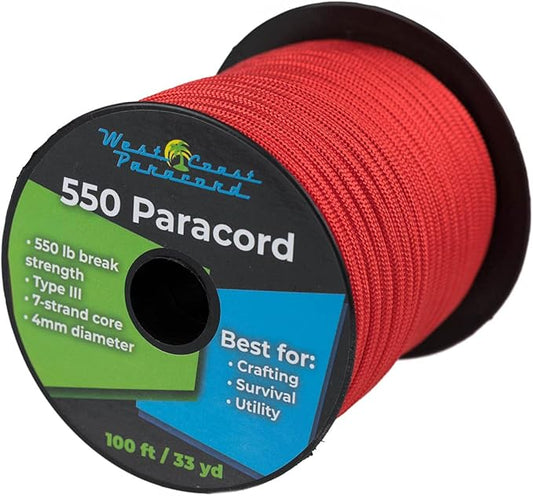 West Coast Paracord 100, 50 Feet 550 Lb. Paracord Parachute Rope Great for Outdoors Camping, Storage Kayak Utility Spool Many Colors