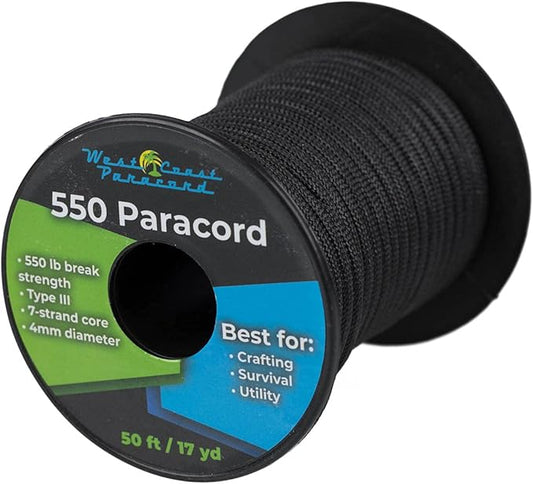 West Coast Paracord 100, 50 Feet 550 Lb. Paracord Parachute Rope Great for Outdoors Camping, Storage Kayak Utility Spool Many Colors