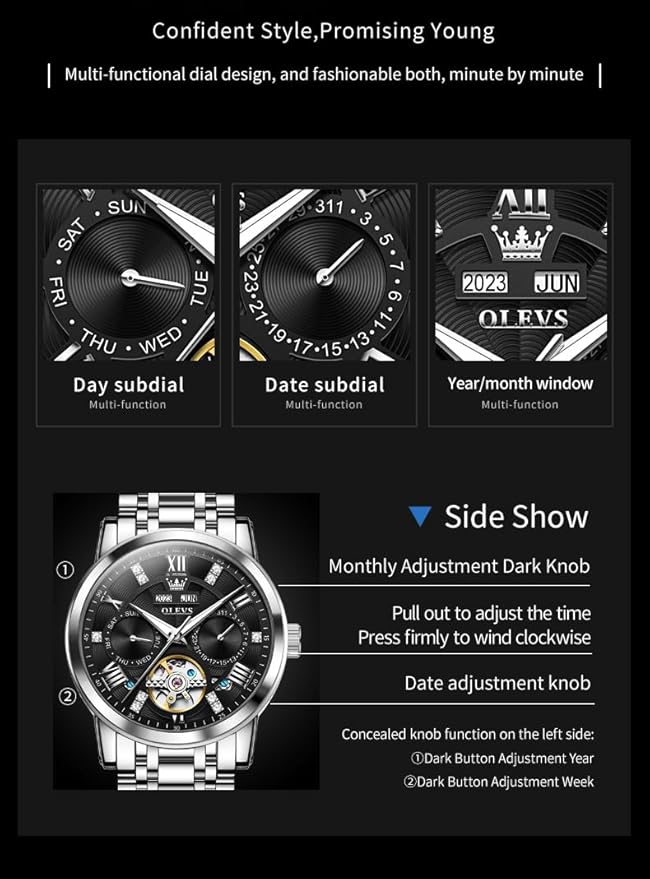 OLEVS Mens Automatic Watches Gold Luxury Diamond Dress Self Winding Mechanical Skeleton Tourbillon Stainless Steel Wrist Watch