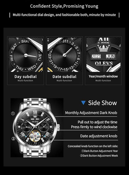 OLEVS Mens Automatic Watches Gold Luxury Diamond Dress Self Winding Mechanical Skeleton Tourbillon Stainless Steel Wrist Watch