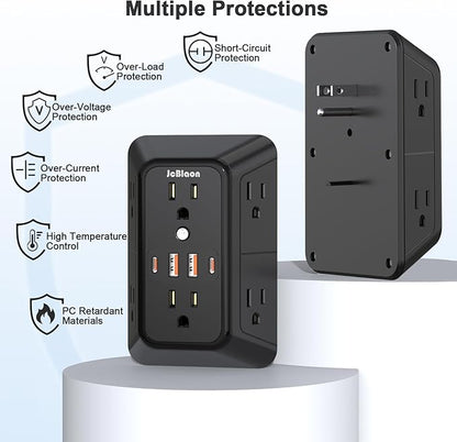 Outlet Extender Surge Protector - 6 Outlet Splitter with 4 USB Ports (2 USB C), Multiple Plug Expander Wall Charger, 3 Sided Multi Plug Wall Adapter Power Strip for Home Office Kitchen Travel Black