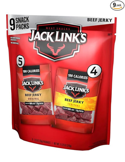 Jack Link's Beef Jerky Variety Pack - Includes Original and Teriyaki Jerky, Bulk Protein Snack Pack, Good Source of Protein, Meat Snacks Made with 100% Beef, Individual Bags - 1.25 Oz (Pack of 9)