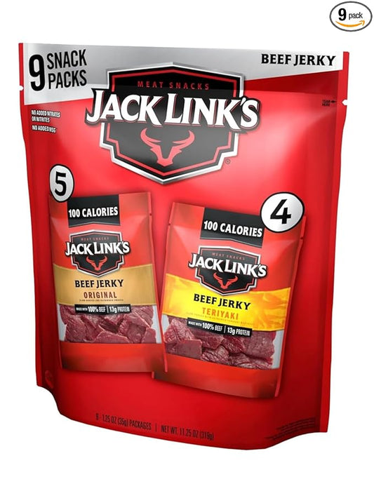 Jack Link's Beef Jerky Variety Pack - Includes Original and Teriyaki Jerky, Bulk Protein Snack Pack, Good Source of Protein, Meat Snacks Made with 100% Beef, Individual Bags - 1.25 Oz (Pack of 9)