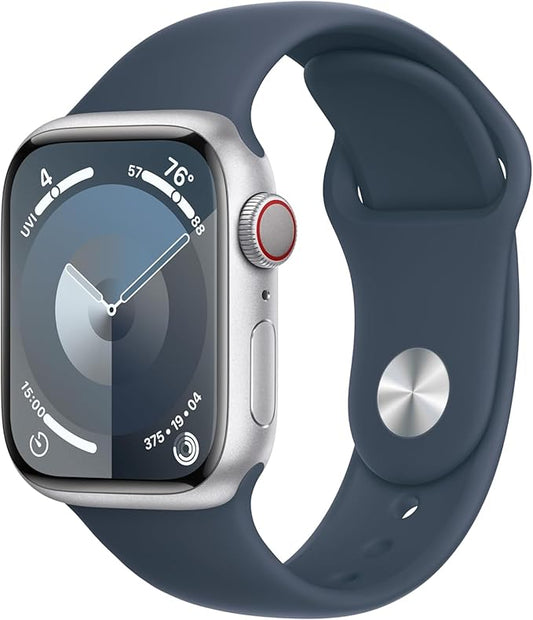 Apple Watch Series 9 [GPS + Cellular 41mm] Silver Aluminum Case with Storm Blue Sport Band, S/M (Renewed)