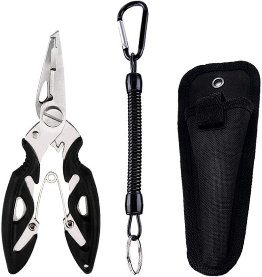 Fishing Pliers, Multi-Function Hook Remover Split Ring Fishing Gears Accessories, Stainless Steel Line Cutter with Sheath and Lanyard Fly Fishing Tools Set