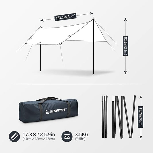 Bessport Camping Tarp, 169.8FT with 2 Poles, Lightweight Car Awning Sunshade, Portable Multifunctional Backpacking Rain Fly Hammock for Outdoor, Traveling