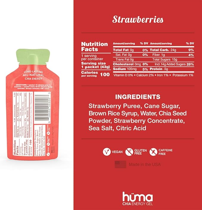 Huma Chia Energy Gel, Strawberries, 12 Gels - Premier Sports Nutrition for Endurance Exercise
