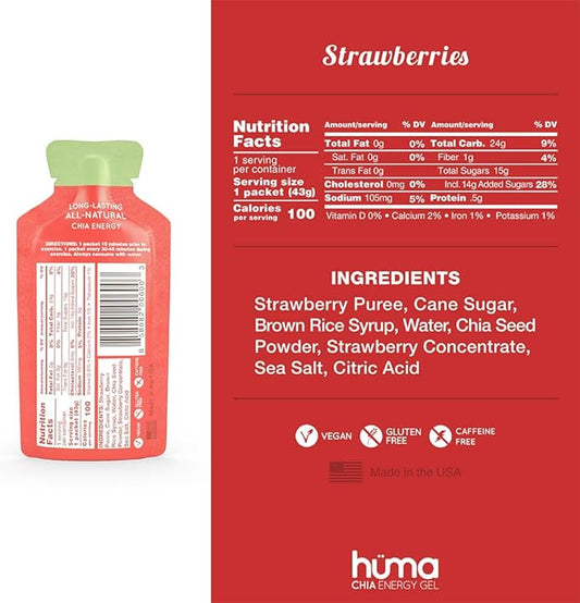 Huma Chia Energy Gel, Strawberries, 12 Gels - Premier Sports Nutrition for Endurance Exercise