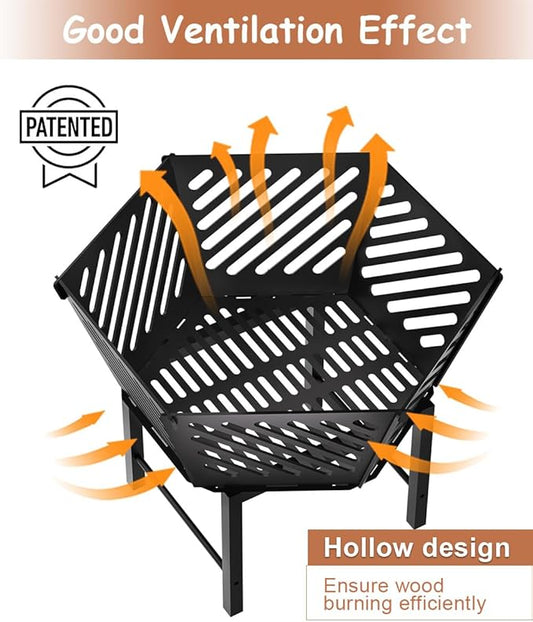 22.5 Inch Portable Plug Fire Pit for Camping, Heightened Detachable Outdoor Wood Burning Firepits for Outside Patio Heating, Picnic, Bonfire and BBQ with Travel Bag, Diagonal Hollow Style