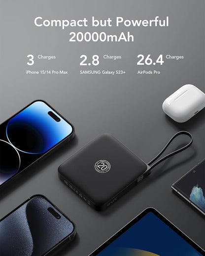 VRURC 20000mAh Portable Charger with Built-in Cables, Travel Essentials, 22.5W Fast Charging Power Bank for iPhone, Phone Battery Pack for iPhone 16 15 14 13 12 11 x Samsung Galaxy Series(1 Pack)