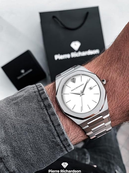 PIERRE RICHARDSON PR5428 Men’s Luxury Watch – Japanese Quartz Movement, Stainless Steel, 41mm, 5ATM Water Resistant, Scratch-Resistant Sapphire Crystal Glass – Classic Dress Watch for Men