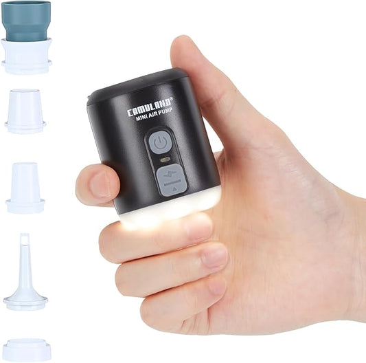 CAMULAND Mini Air Pump with Magnetic Design Camping Lantern Electric Pump for Inflatables with 1400mAh Battery Rechargeable for Air Mattress, Pool Floats,Vacuum Storage Bag