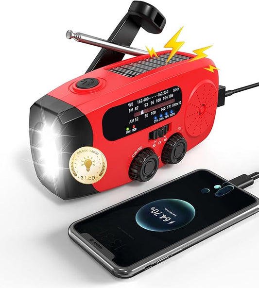 Hand Crank Emergency Radio - 2000mAh/7400mWh AM/FM/NOAA Solar Hand Crank Emergency Radio with 3 LED Flashlights, SOS Function for Emergencies, Camping - Red