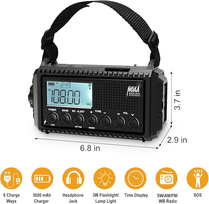 Raynic NOAA Weather Radio, 5000mAh/18500mWh Solar Hand Crank Emergency Radio, Battery Powered Portable Radio with AM/FM/SW/NOAA, Cell Phone Charger, Type-C Charging, Flashlight and SOS Siren