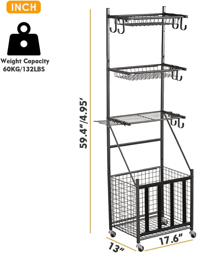 Snail Garage Sports Equipment Storage Organizer Sports Ball Storage Rolling Cart with Basket and Hooks Lockable Sports Ball Cage Storage Rack for Garages, Playgroup, Gym and Schools, Black