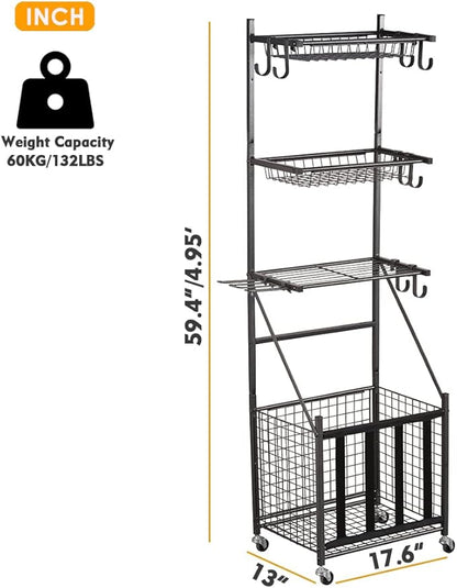 Snail Garage Sports Equipment Storage Organizer Sports Ball Storage Rolling Cart with Basket and Hooks Lockable Sports Ball Cage Storage Rack for Garages, Playgroup, Gym and Schools, Black